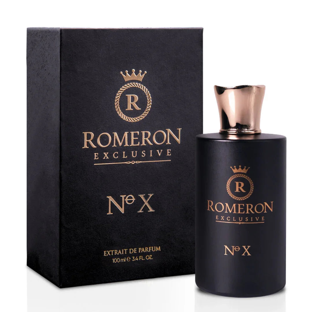 Elegantes schwarzes Parfum Romeron Exclusive No X mit goldener Kappe und Verpackung