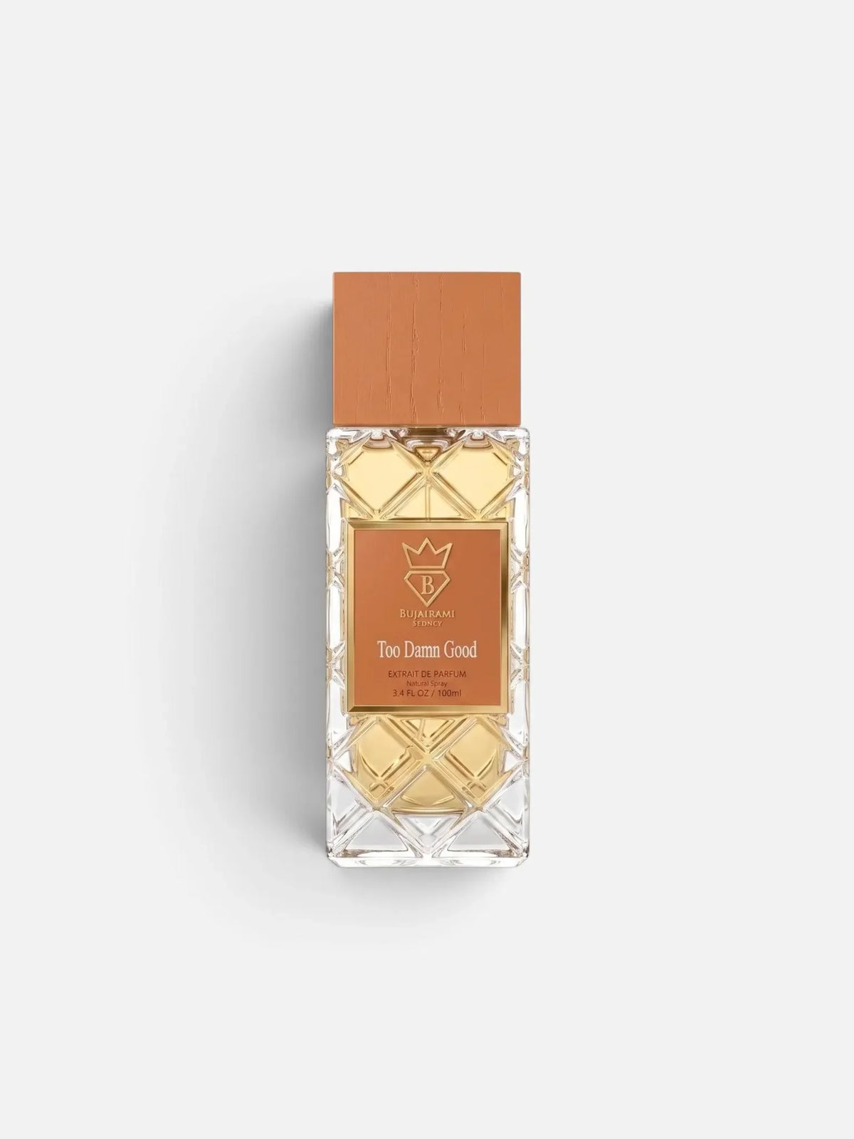 Bujairami Too Damn Good Extrait De Parfum in einem kristallinen Glasflakon mit braunem Verschluss
