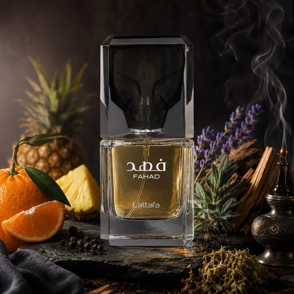 Luxus Parfum Fahad von Lattafa mit exotischen Noten von Orange und Ananas, umgeben von Lavendel und Rauch
