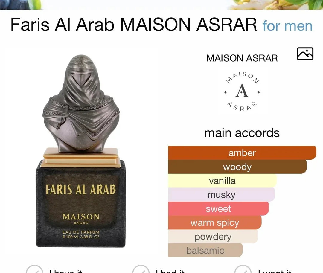 Faris Al Arab Parfumflakon mit Skulptur-Design, Duftnoten Amber, holzig, Vanille, maskulin