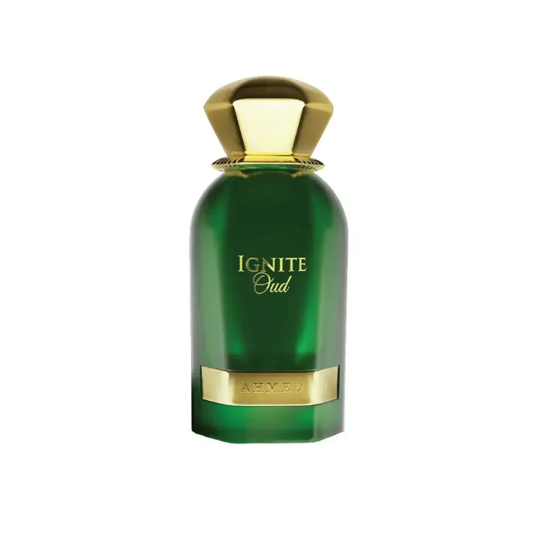 Luxusparfum Flakon Ignite Oud mit grün-goldenem Design für Damen und Herren.