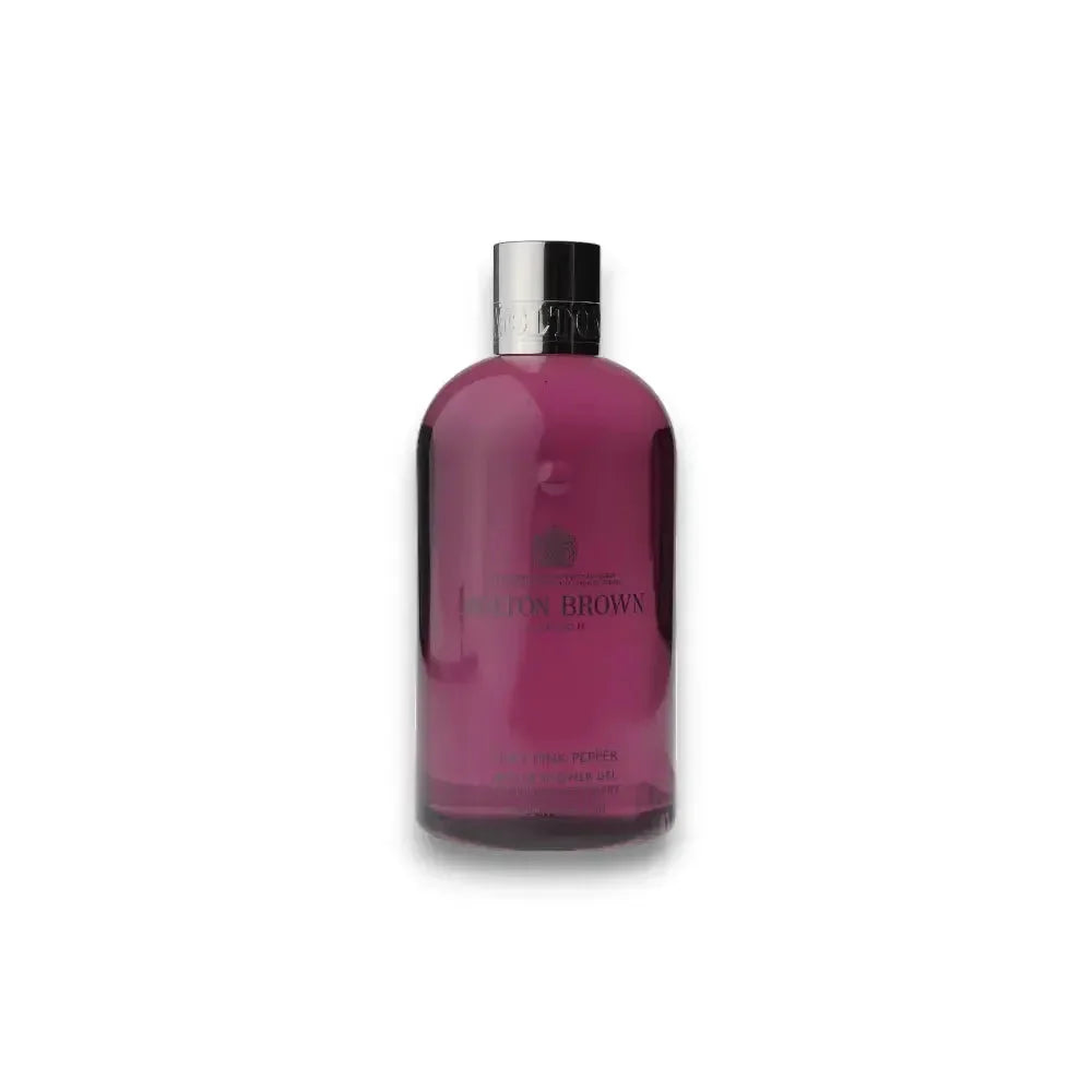 Pinkfarbenes Duschgel in transparenter Flasche mit silbernem Deckel, luxuriöses Design
