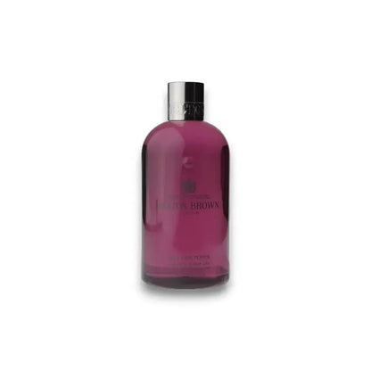 Pinkfarbenes Duschgel in transparenter Flasche mit silbernem Deckel, luxuriöses Design