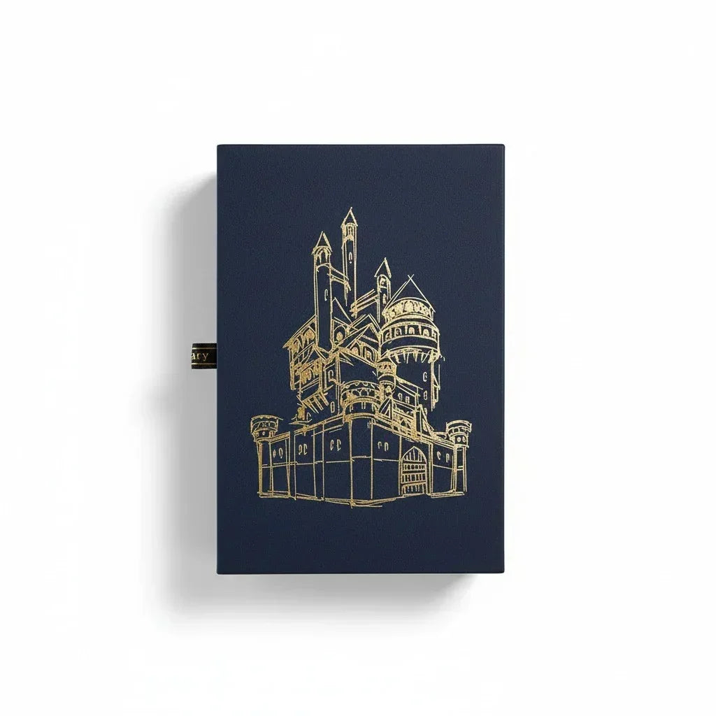 Fragrance Library The Castle Eau de Parfum Verpackung in Dunkelblau mit goldenem Schloss-Design.
