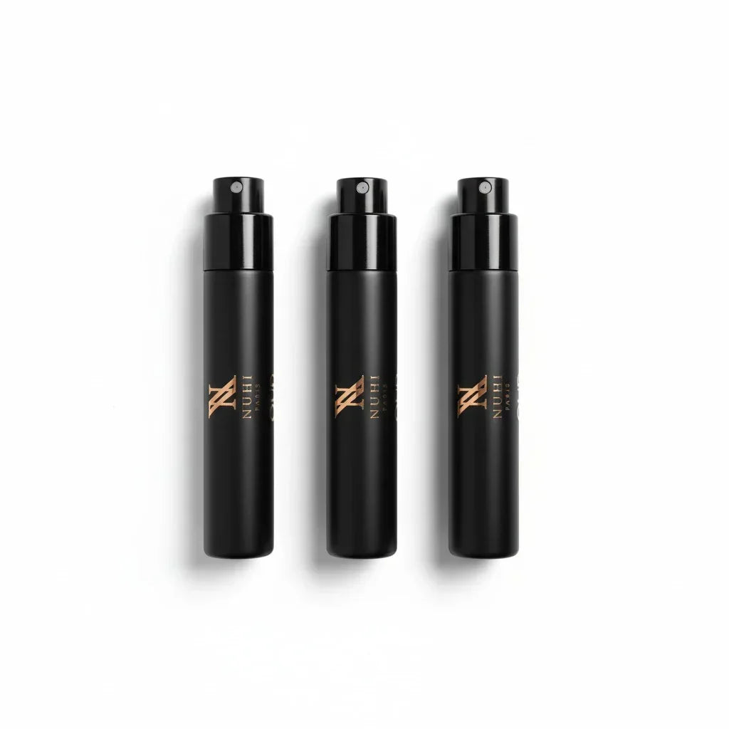 Drei schwarze Probenflakons von Nuhi Paris Oud Eau de Parfum.