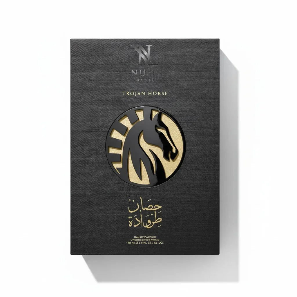 Schwarze Verpackung des Nuhi Paris Trojan Horse Parfums mit goldenem Pferdekopf-Motiv.