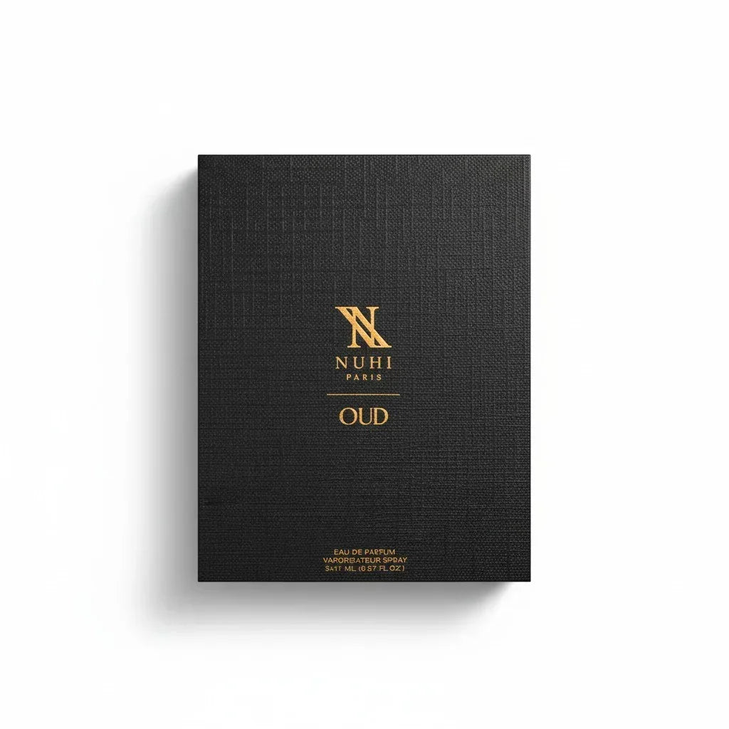 Schwarze Verpackung des Nuhi Paris Oud Eau de Parfum mit goldener Schrift.