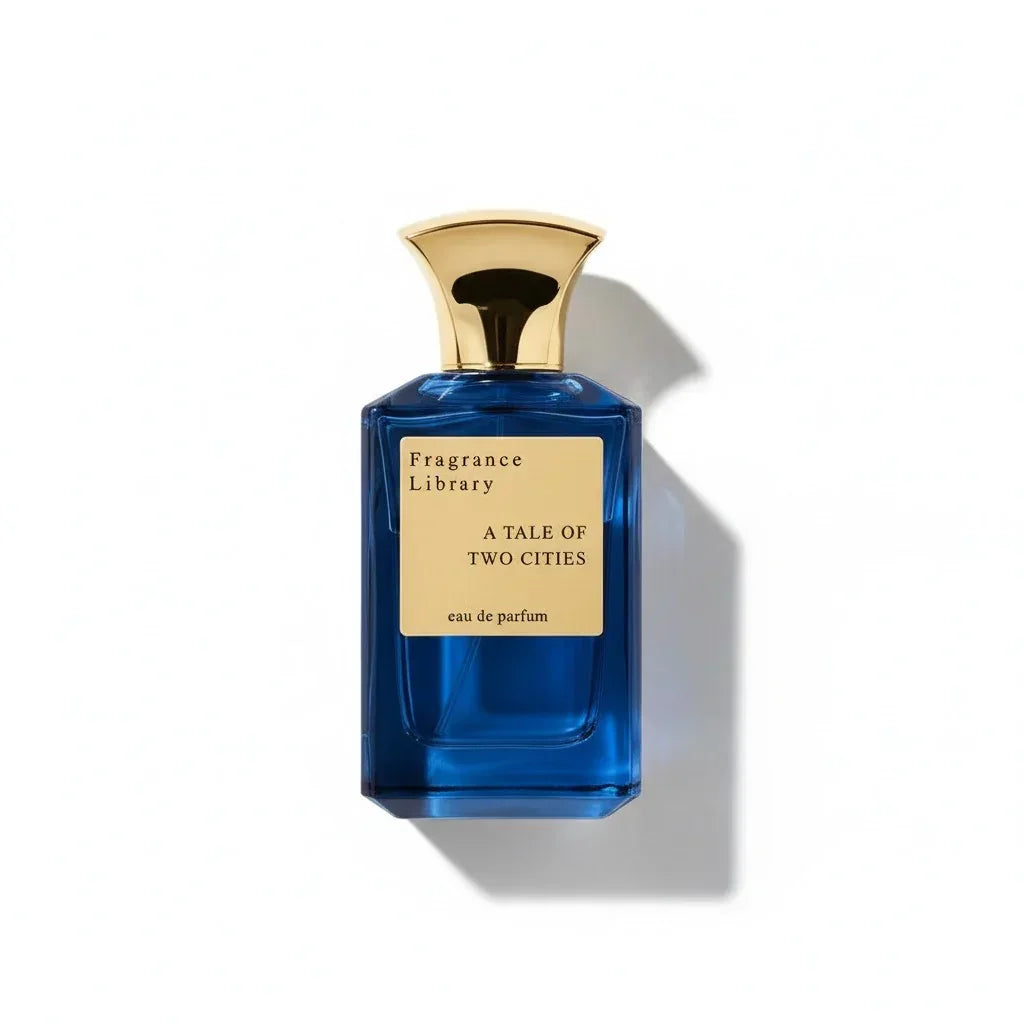 Blauer Parfumflakon von Fragrance Library A Tale Of Two Cities mit goldenem Verschluss.