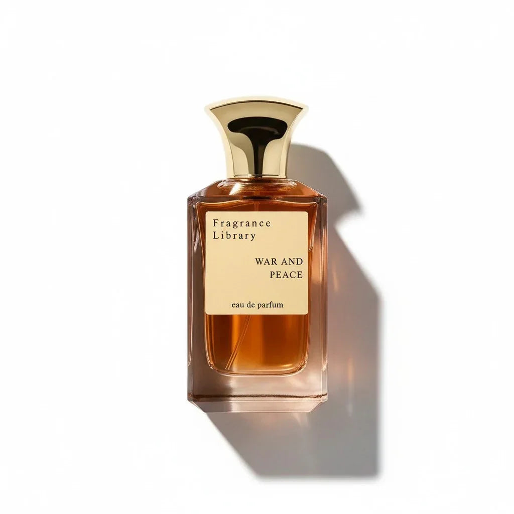Fragrance Library War and Peace Eau de Parfum in einem rechteckigen Glasflakon mit goldenem Verschluss.