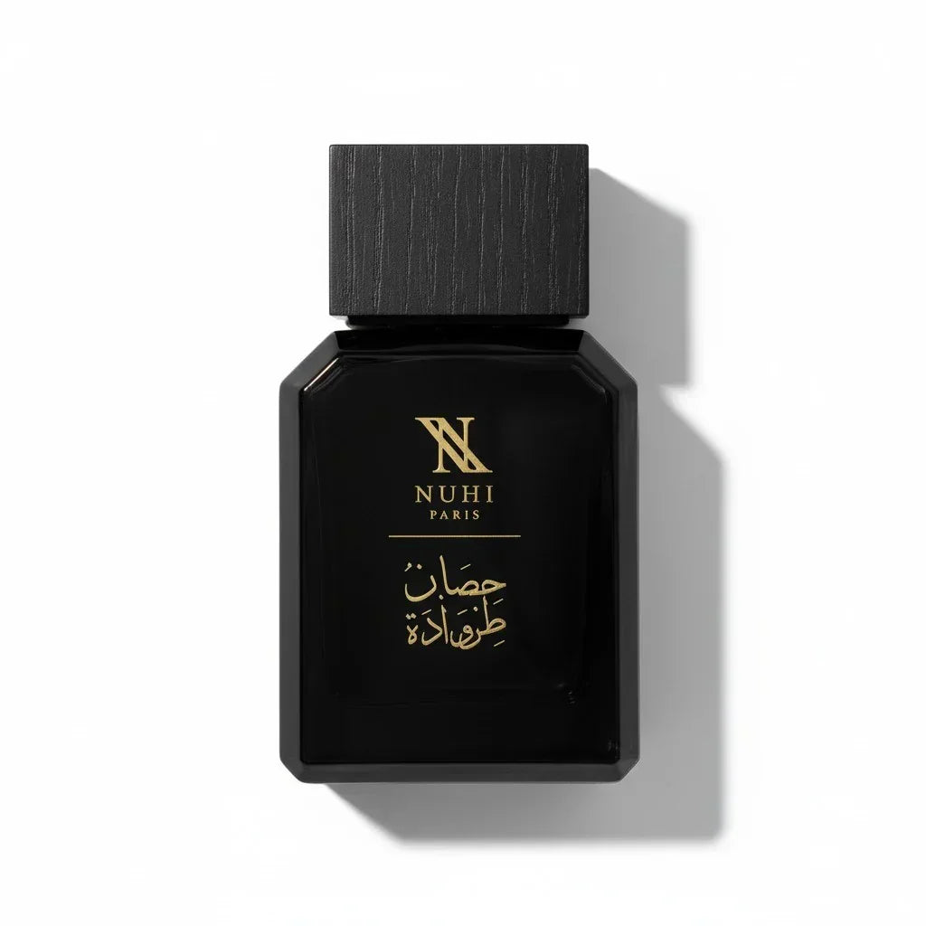 Schwarzer Flakon des Nuhi Paris Trojan Horse Eau de Parfum mit goldener Aufschrift.