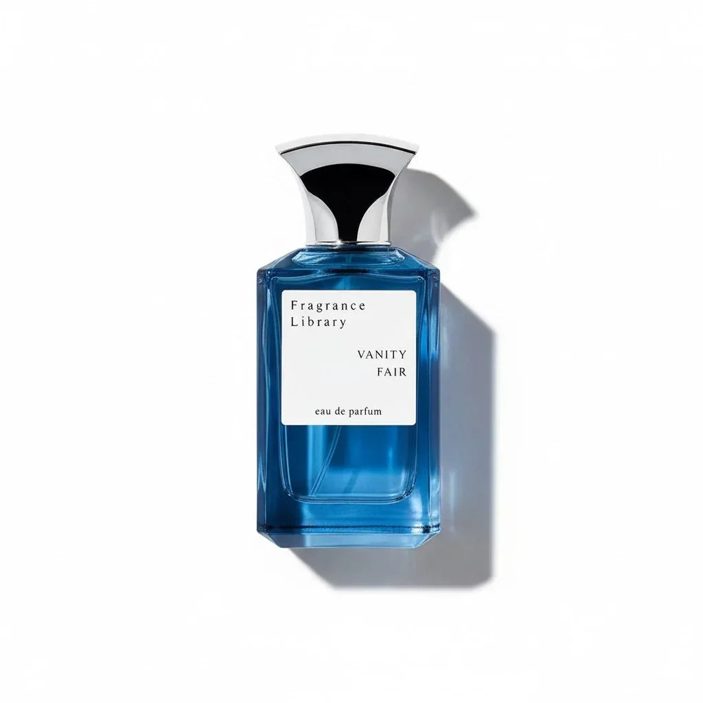 Blauer Glasflakon des Fragrance Library Vanity Fair Eau de Parfum mit silbernem Verschluss.