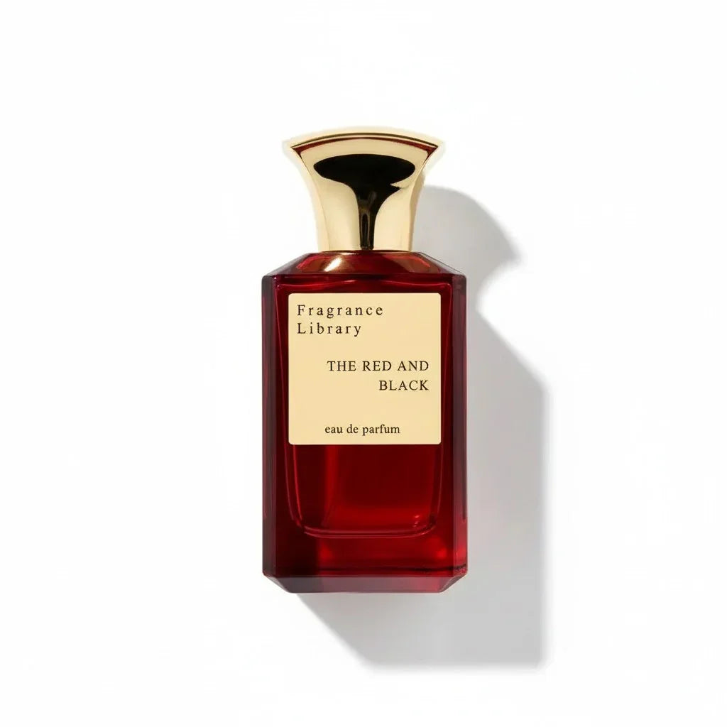 Ein roter Glasflakon des Fragrance Library The Red and Black Eau de Parfum mit goldenem Verschluss.