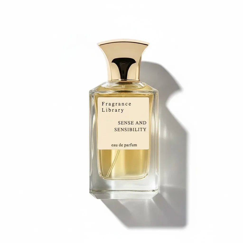 Ein gläserner Flakon des Fragrance Library Sense and Sensibility Eau de Parfum mit goldenem Verschluss.