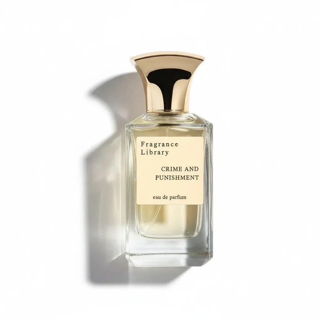 Glasflakon des Fragrance Library Crime And Punishment Eau de Parfum mit goldfarbenem Verschluss.