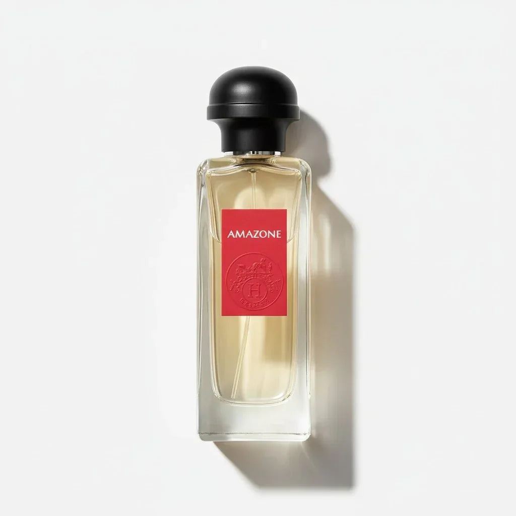 Rechteckiger Glasflakon des Hermès Amazone Eau de Toilette mit schwarzem Verschluss und rotem Etikett.
