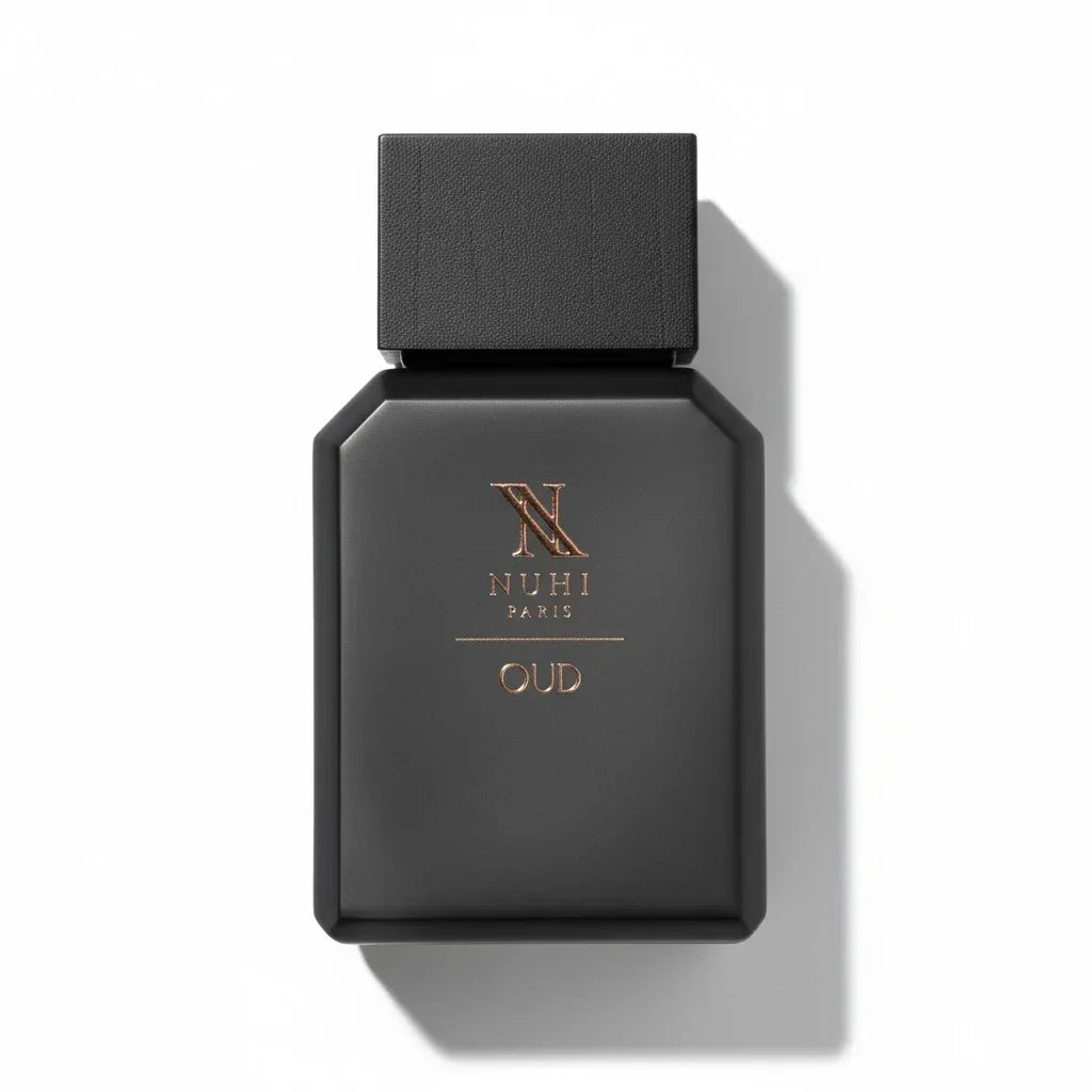 Mattschwarzer Parfumflakon von Nuhi Paris Oud Eau de Parfum mit goldenem Logo.