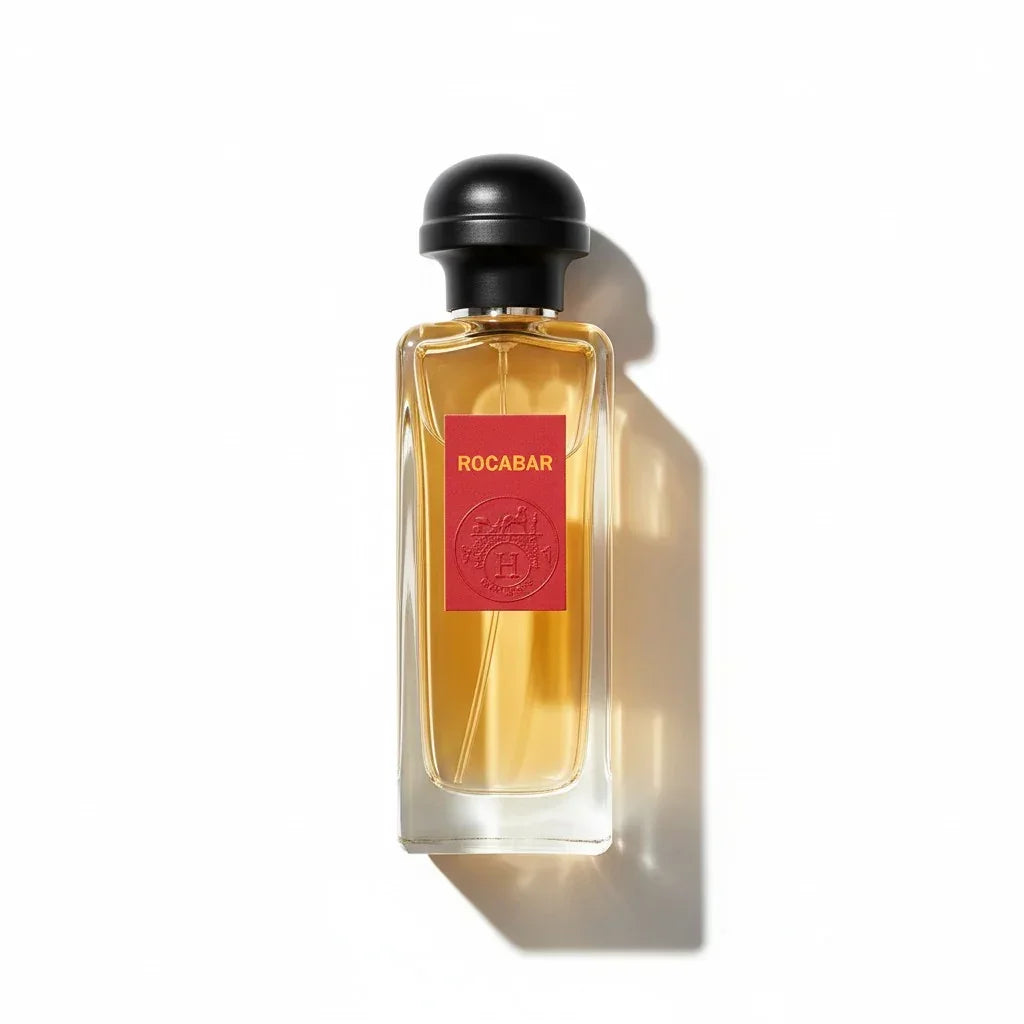 Hermès Rocabar Eau de Toilette: Ein rechteckiger Glasflakon mit goldener Flüssigkeit und schwarzem Verschluss.