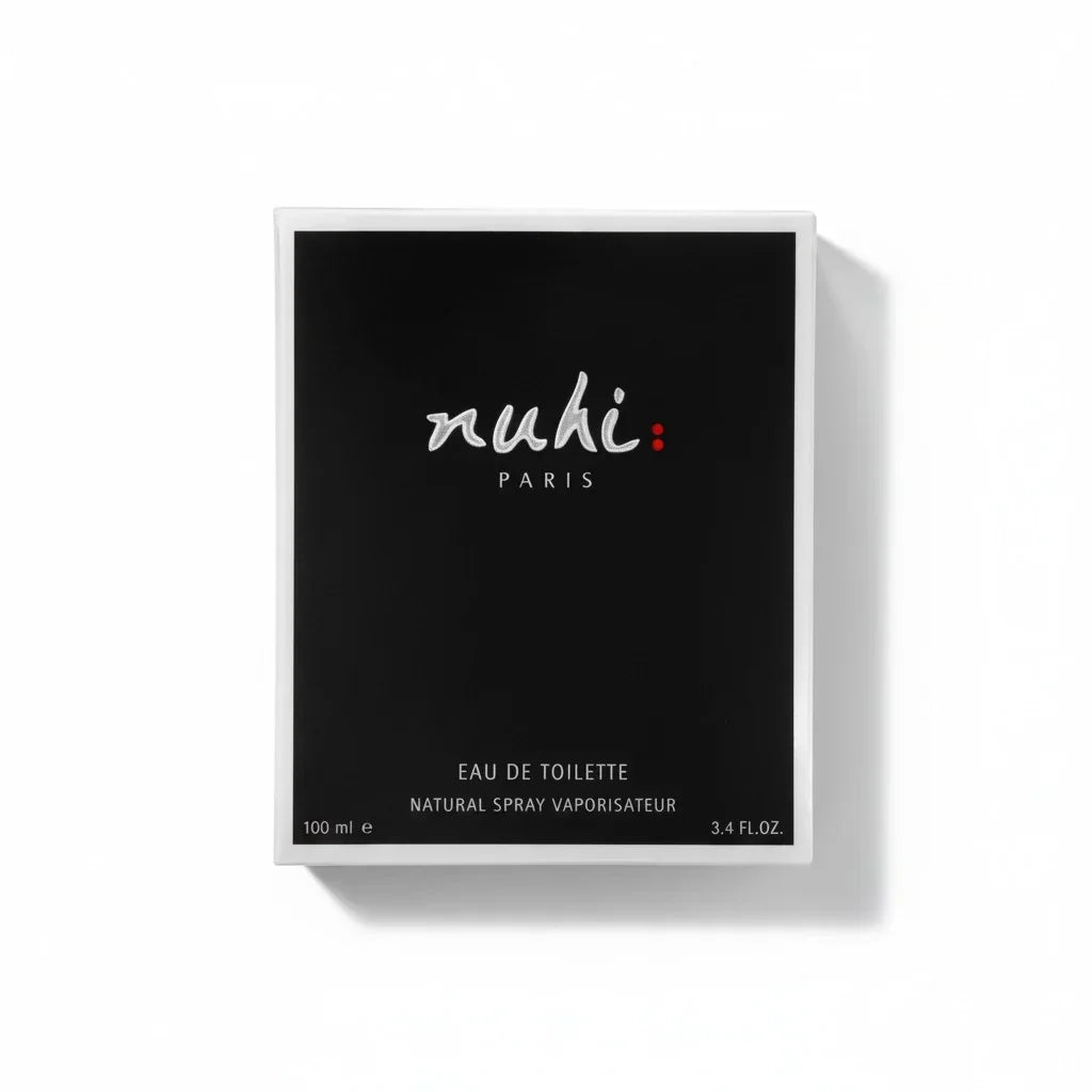 Schwarze Verpackung des Nuhi Paris nuhi: Eau de Toilette, 100 ml Natural Spray.