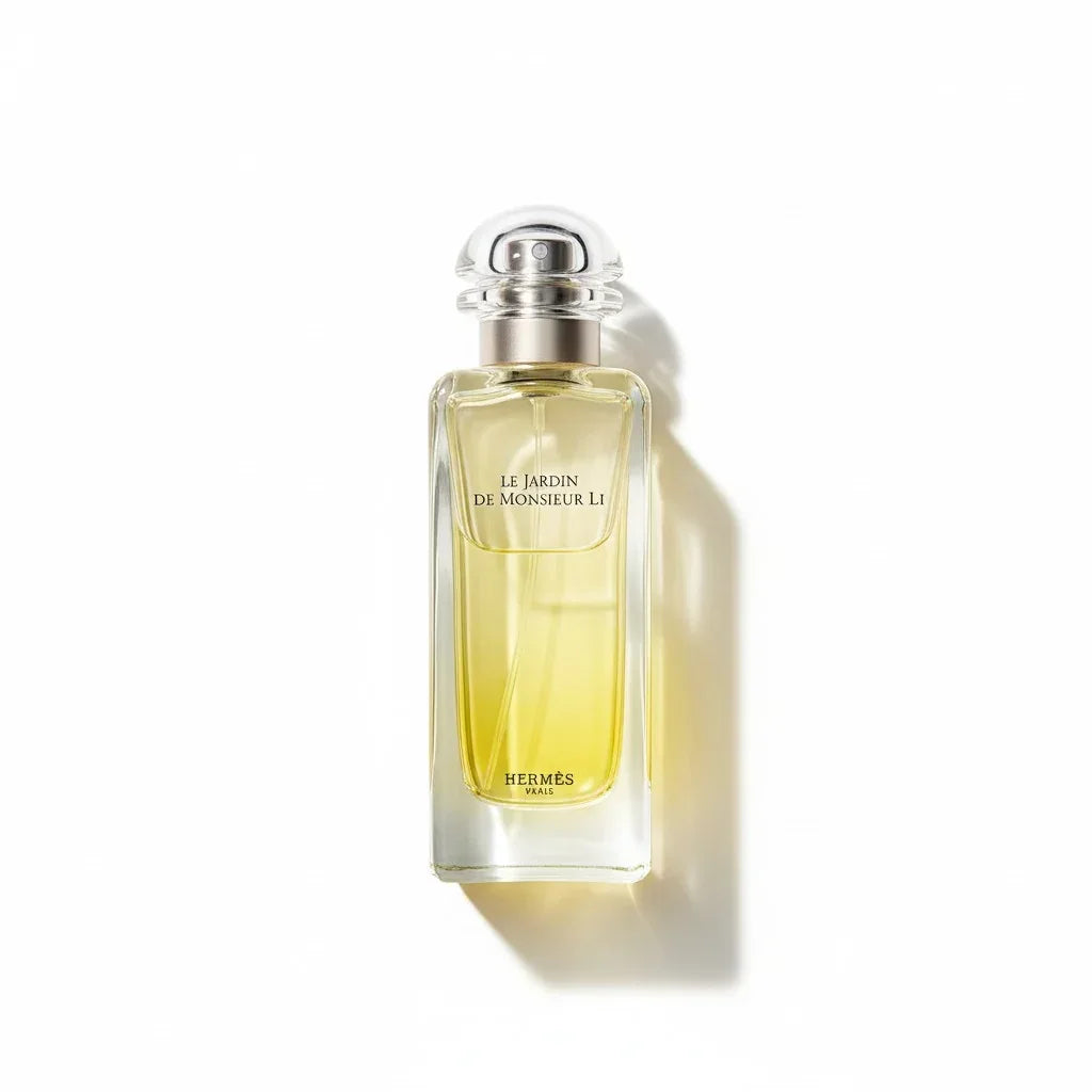Ein gläserner Flakon des Hermès Le Jardin de Monsieur Li Eau de Toilette mit gelblichem Duft.