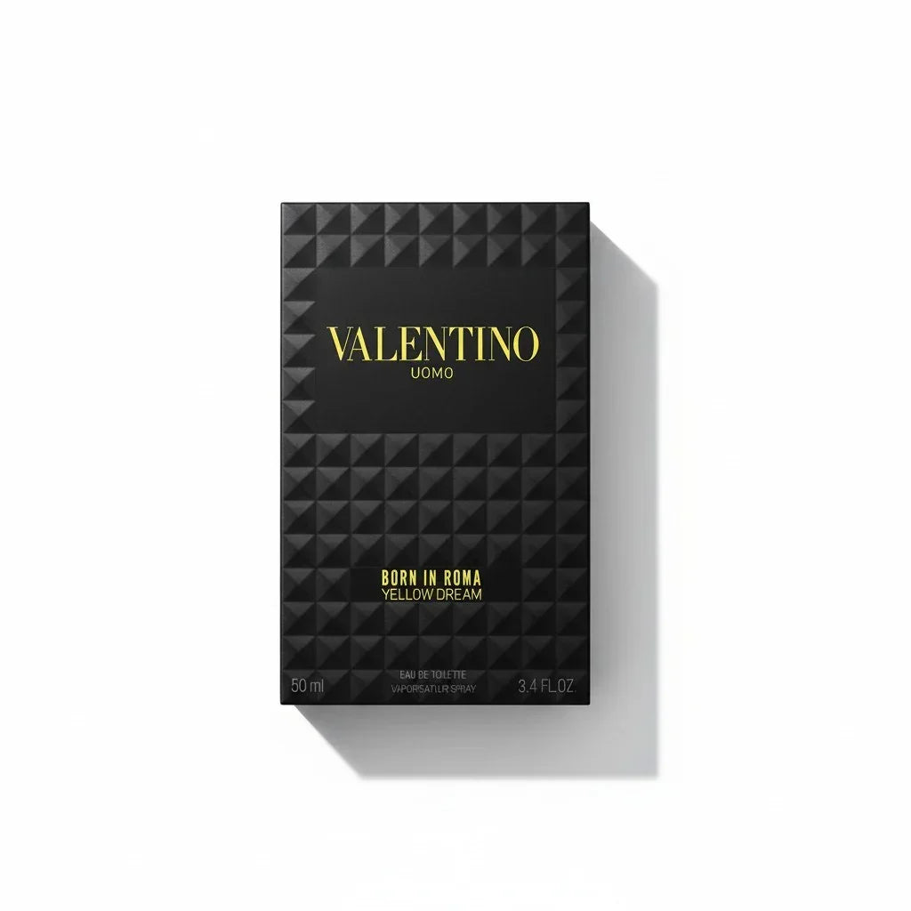 Valentino Uomo Born In Roma Yellow Dream Eau de Toilette in schwarzer geprägter Verpackung.