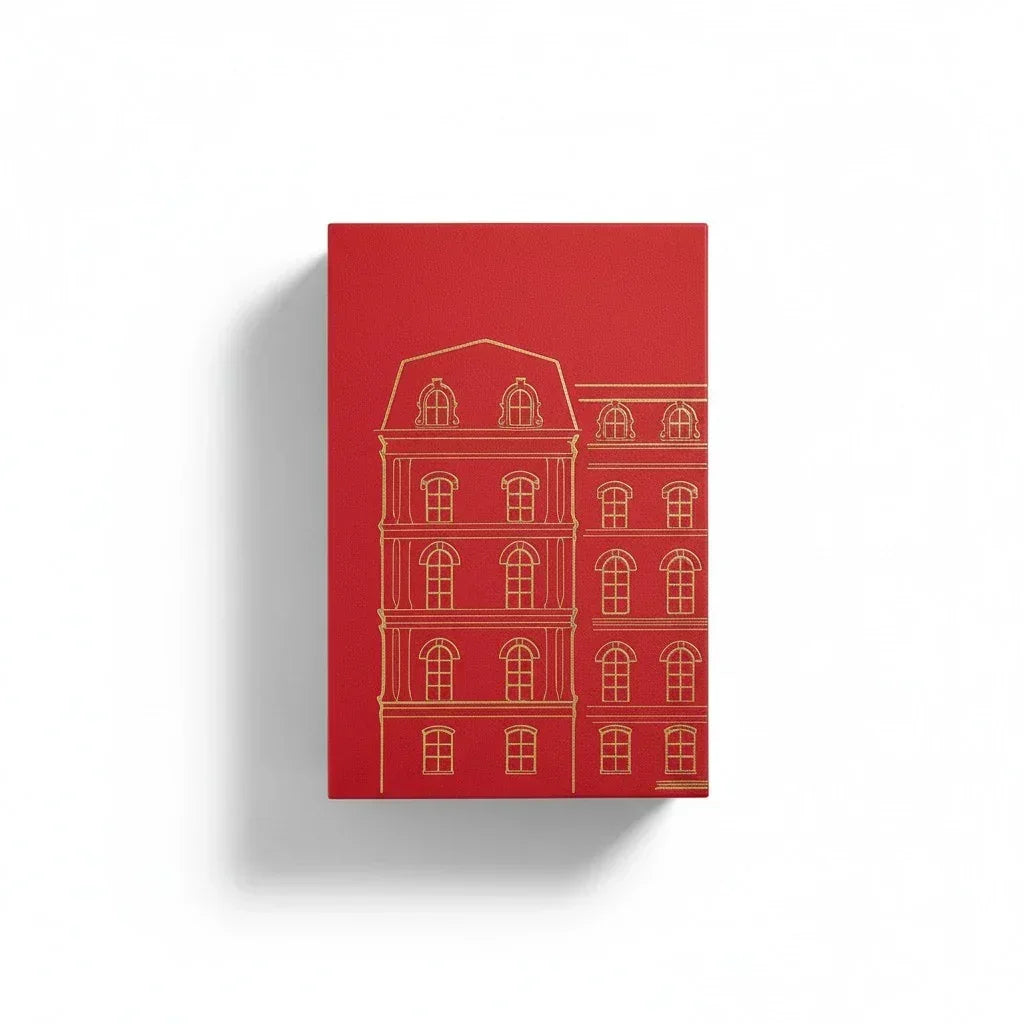 Rote Verpackung von Fragrance Library The Golden Bowl Eau de Parfum mit goldenen Hauskonturen.