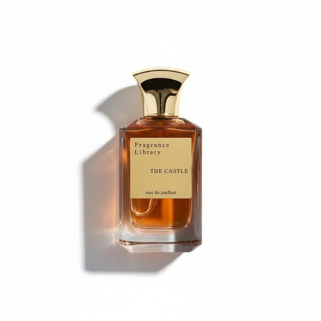 Ein quadratischer Glasflakon des Fragrance Library The Castle Eau de Parfum mit goldem Verschluss.