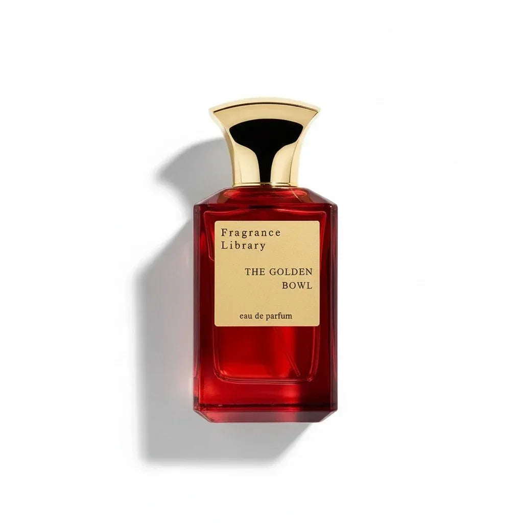 Fragrance Library The Golden Bowl Eau de Parfum in einem roten Glasflakon mit goldenem Verschluss.