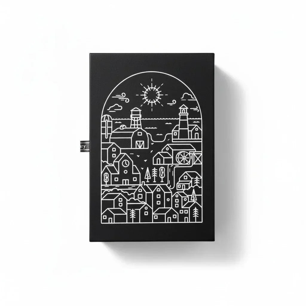Schwarzer Parfumflakon von Fragrance Library Republic mit weißer Illustration einer Küstenstadt.
