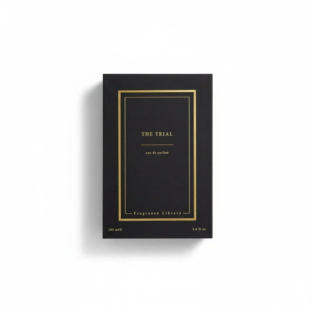 Schwarze Verpackung des Fragrance Library The Trial Eau de Parfum mit goldenem Rahmen.