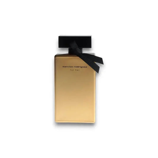 Goldenes Damenparfum Eau de Toilette Flakon mit schwarzer Schleife auf weißem Hintergrund