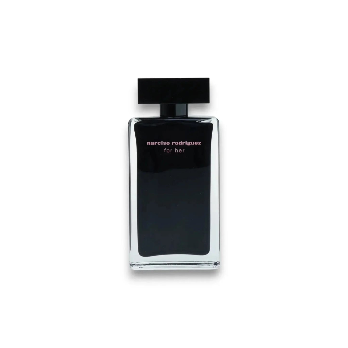 Schwarzer Damenparfum-Flakon, rechteckig, mit Aufschrift „for her“ auf weißem Hintergrund.