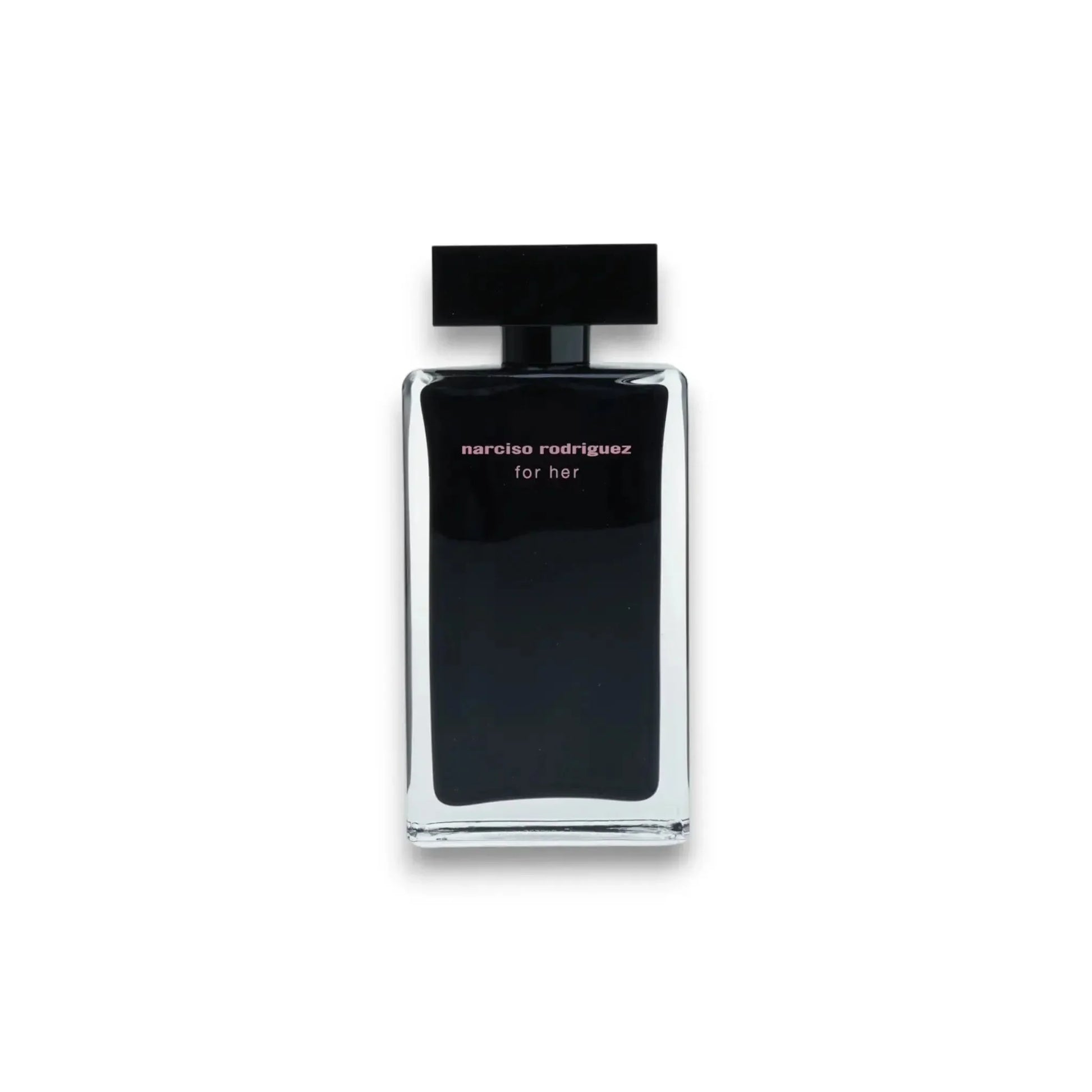 Schwarzer Damenparfum-Flakon, rechteckig, mit Aufschrift „for her“ auf weißem Hintergrund.
