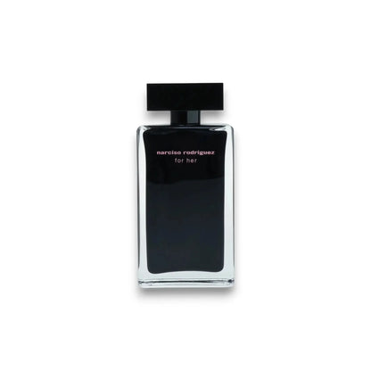 Schwarzer Damenparfum-Flakon, rechteckig, mit Aufschrift „for her“ auf weißem Hintergrund.