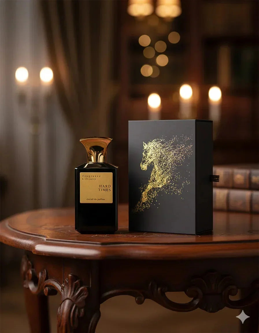 Luxus Parfumflakon Hard Times und elegante Geschenkbox mit Pferdemotiv auf Holztisch, Kerzen im Hintergrund