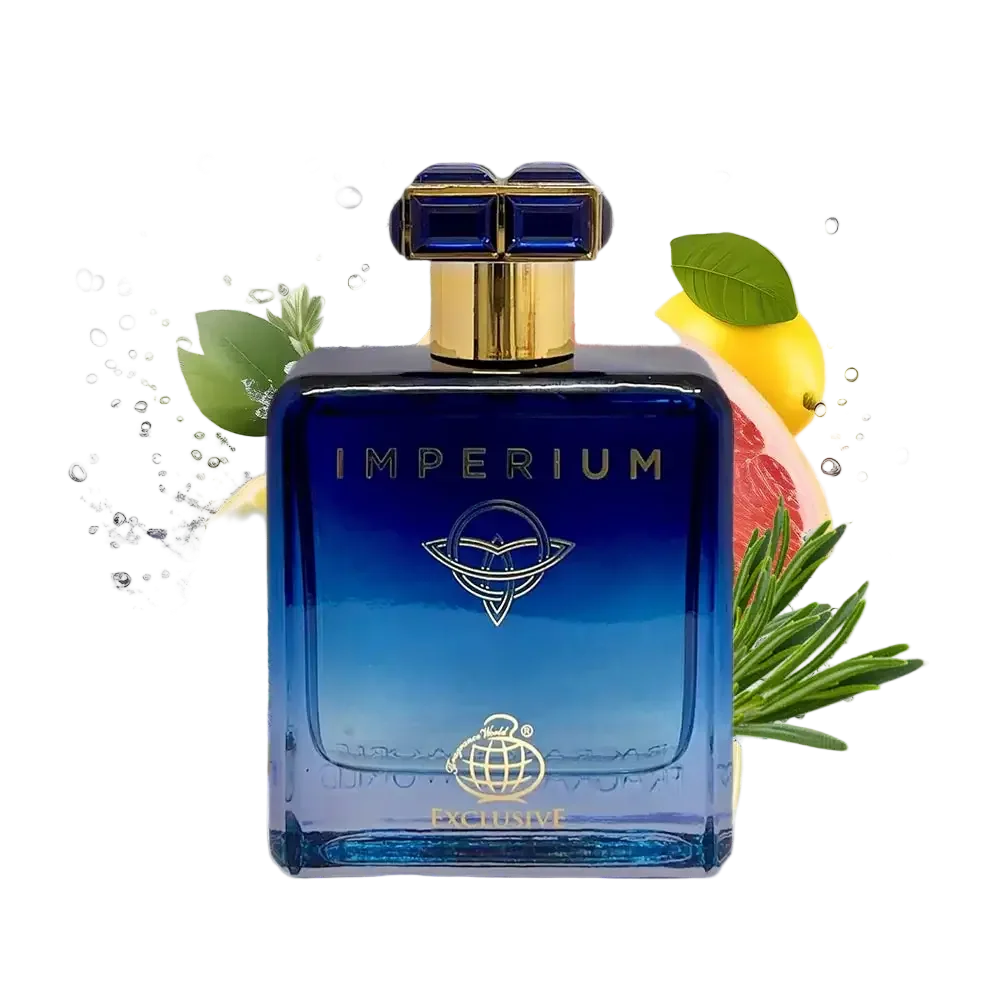 Imperium Eau de Parfum Flakon mit blau-goldenem Design, Zitrone, Grapefruit und Kräutern