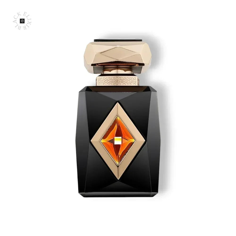 Luxuriöses Parfumflakon in Schwarz mit goldenen Akzenten und orangefarbenem Diamant-Detail
