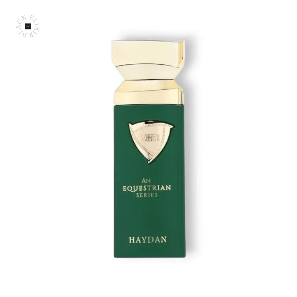 Grüner Parfumflakon von French Avenue An Equestrian Series Haydan mit goldener Kappe.