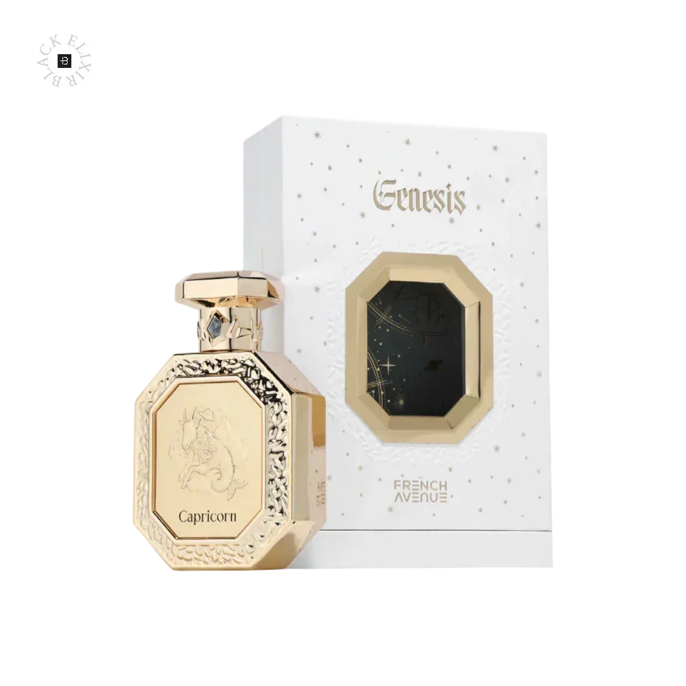 Luxuriöses Eau de Parfum Capricorn in edlem goldenen Flakon vor schicker Geschenkbox