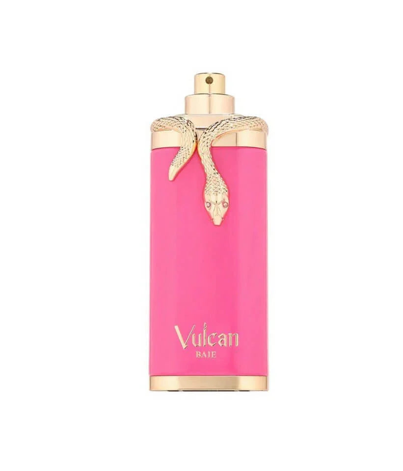 Luxusparfum Glasflakon in Pink mit goldener Schlange und Vulcan Baie Aufschrift, Unisex Duft