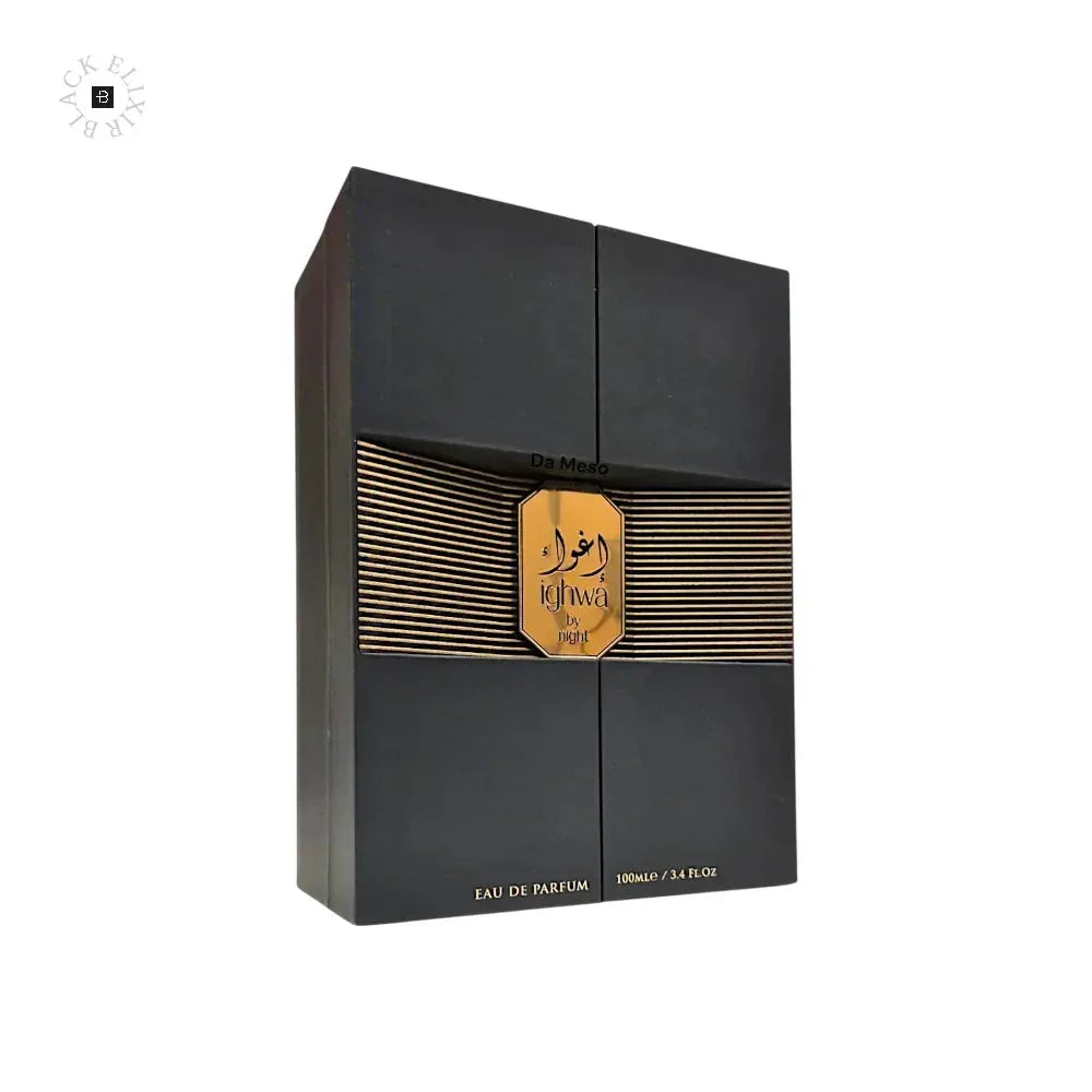 Edle Parfumverpackung in Schwarz mit goldenen Akzenten und Aufschrift Ighwa by night, Eau de Parfum.