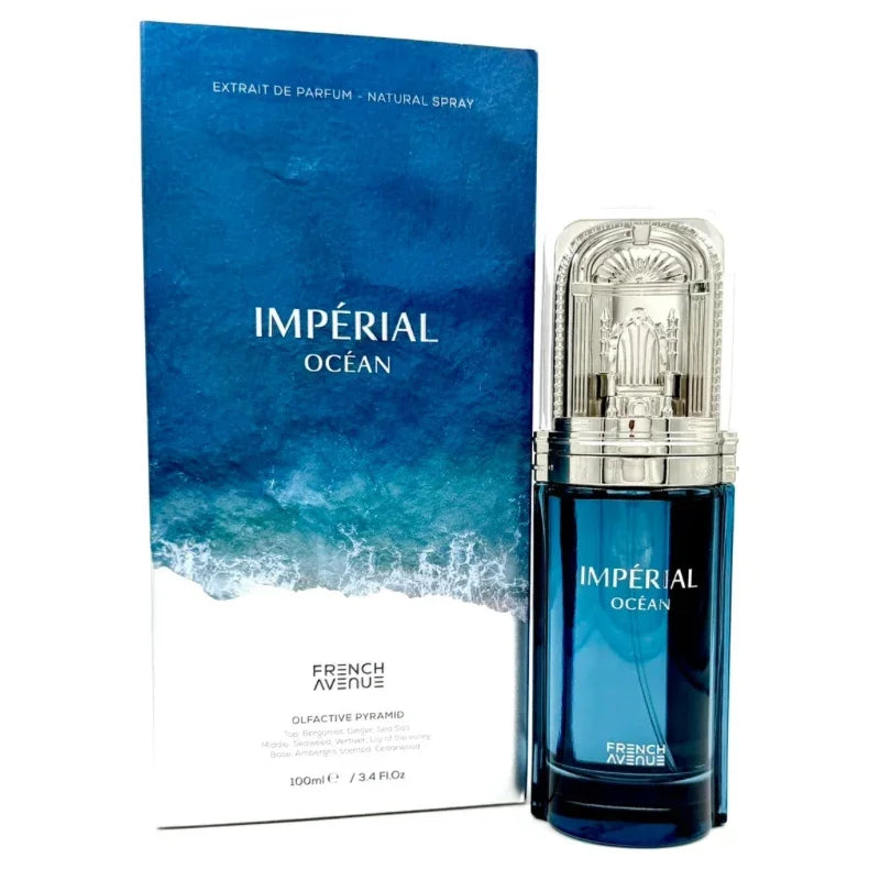 French Avenue Imperial Ocean Extrait de Parfum Flakon und Verpackung in Blau