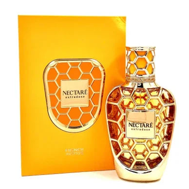 Luxusparfum Flakon mit Honigwabenmuster und goldener Verpackung, Aufschrift Nectaré Extradose