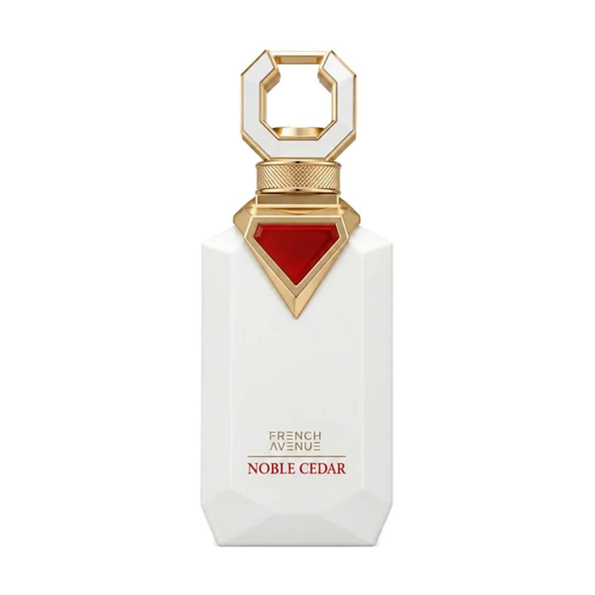 French Avenue Noble Cedar Extrait de Parfum Flakon in Weiß mit goldenen und roten Akzenten