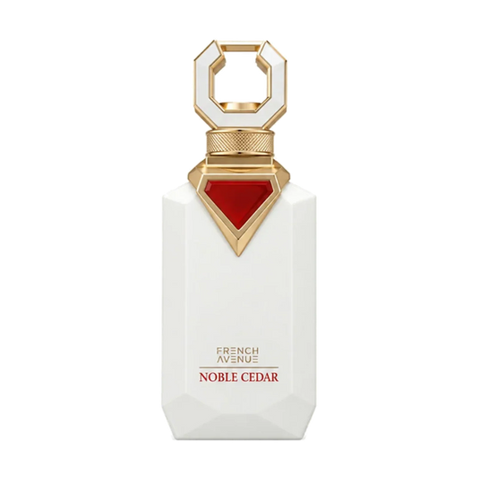French Avenue Noble Cedar Extrait de Parfum Flakon in Weiß mit goldenen und roten Akzenten
