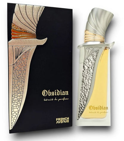 Obsidian Extrait de Parfum 100ml Flakon und Verpackung mit goldenen, kunstvollen Details