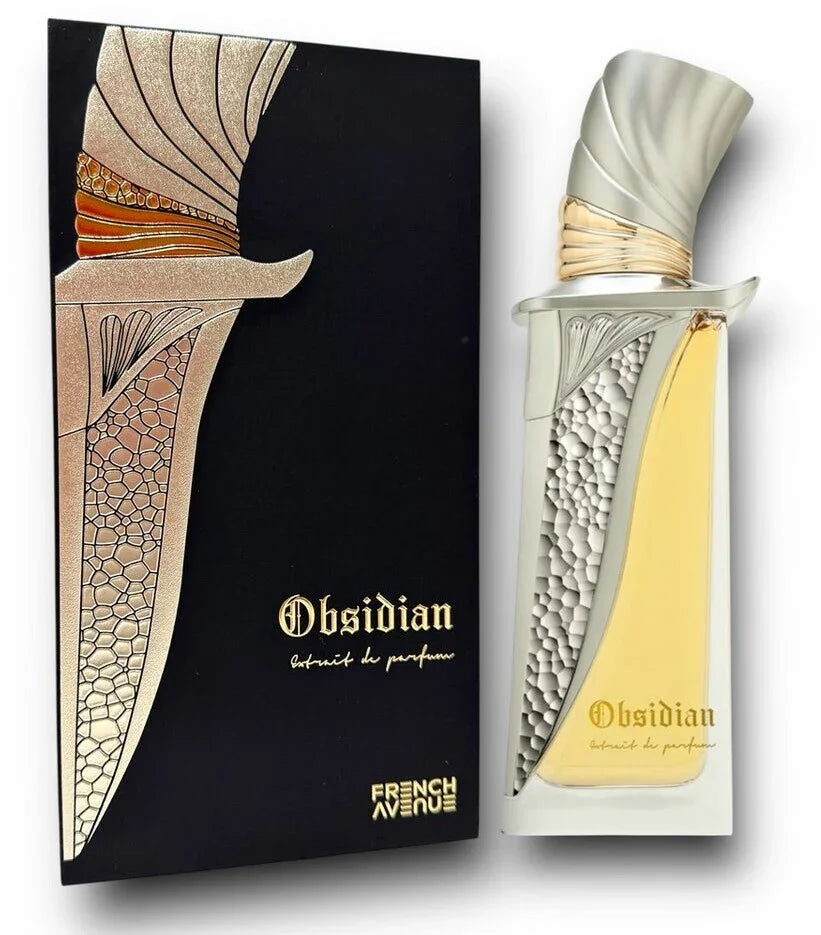 Obsidian Extrait de Parfum 100ml Flakon und Verpackung mit goldenen, kunstvollen Details