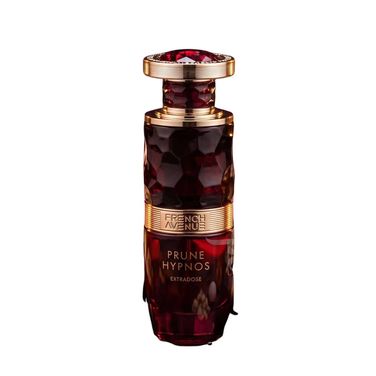 Luxus Parfum Flasche Prune Hypnos Extrados mit goldener Verzierung und rotem Kristalldeckel