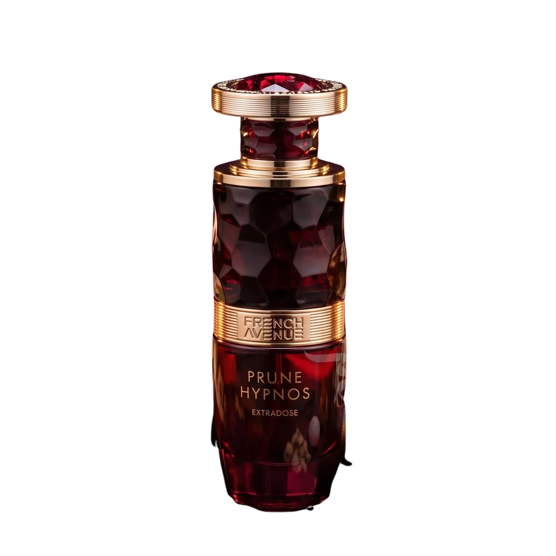 Luxus Parfum Flasche Prune Hypnos Extrados mit goldener Verzierung und rotem Kristalldeckel
