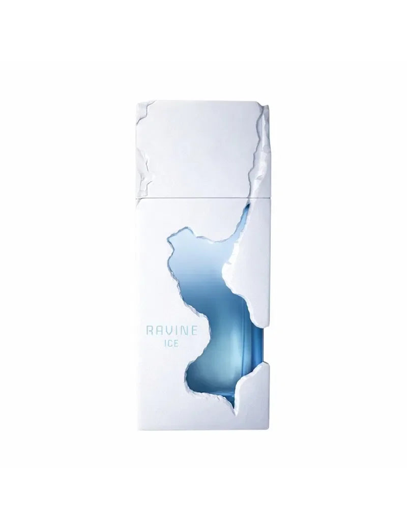 Luxusparfum Flakon Ravine Ice 100ml in weiß-blauer Verpackung mit Eis-Design, Unisexduft