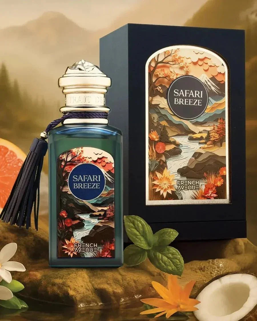 Edles Eau de Parfum Safari Breeze 100ml mit floralen und exotischen Motiven, luxuriös präsentiert.
